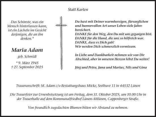 Traueranzeige von Maria Adam von Ruhr Nachrichten