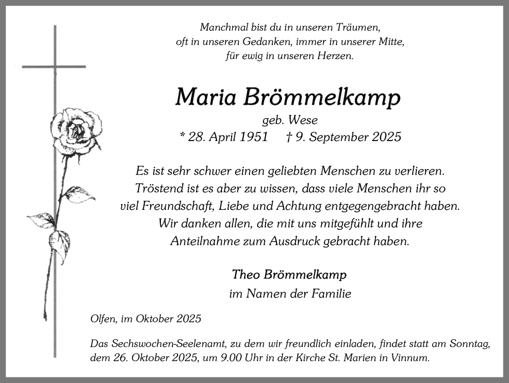  Traueranzeige für Maria Brömmelkamp vom 18.10.2025 aus Ruhr Nachrichten
