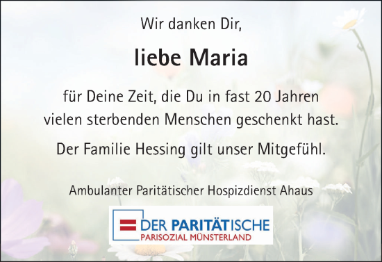 Traueranzeige von Maria Hessing von Münsterland Zeitung