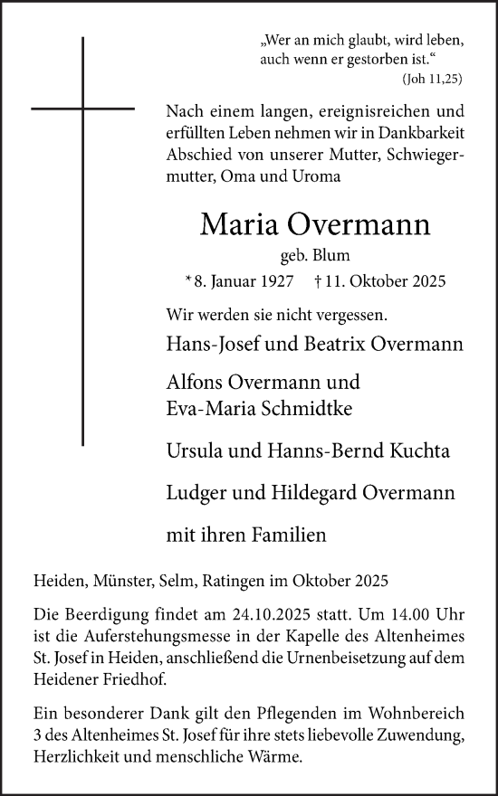 Traueranzeige von Maria Overmann von Ruhr Nachrichten