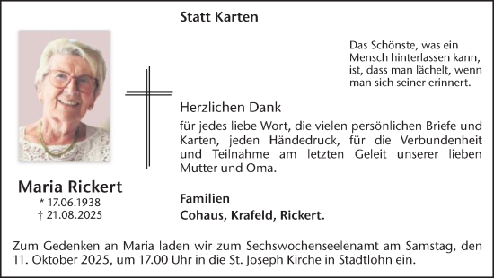Traueranzeige von Maria Rickert von Münsterland Zeitung