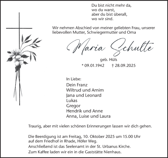 Traueranzeige von Maria Schulte von Ruhr Nachrichten und Dorstener Zeitung