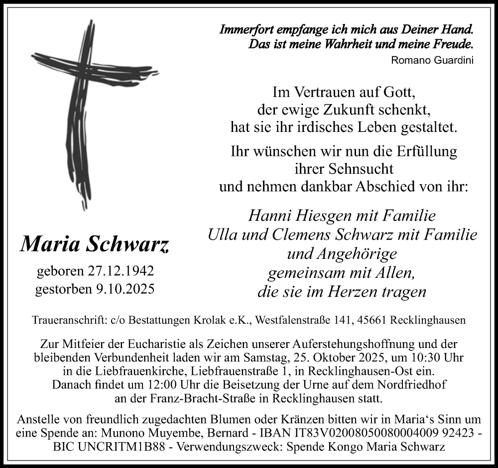  Traueranzeige für Maria Schwarz vom 18.10.2025 aus Trauer Vest