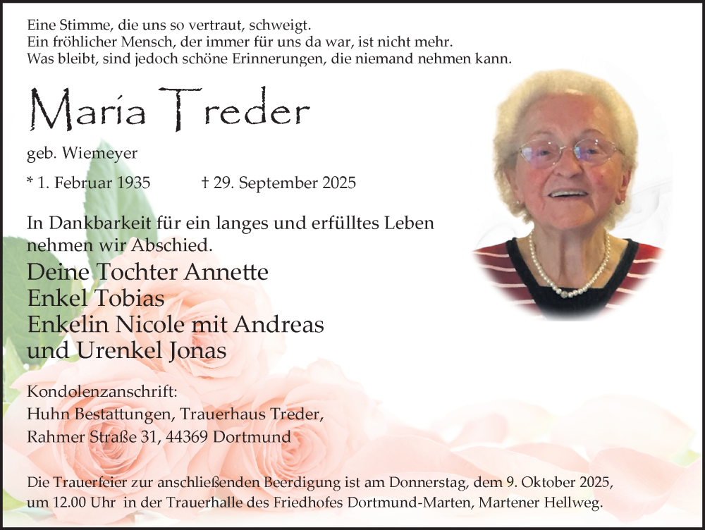  Traueranzeige für Maria Treder vom 04.10.2025 aus Ruhr Nachrichten