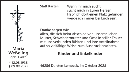 Traueranzeige von Maria Weßeling von Ruhr Nachrichten und Dorstener Zeitung