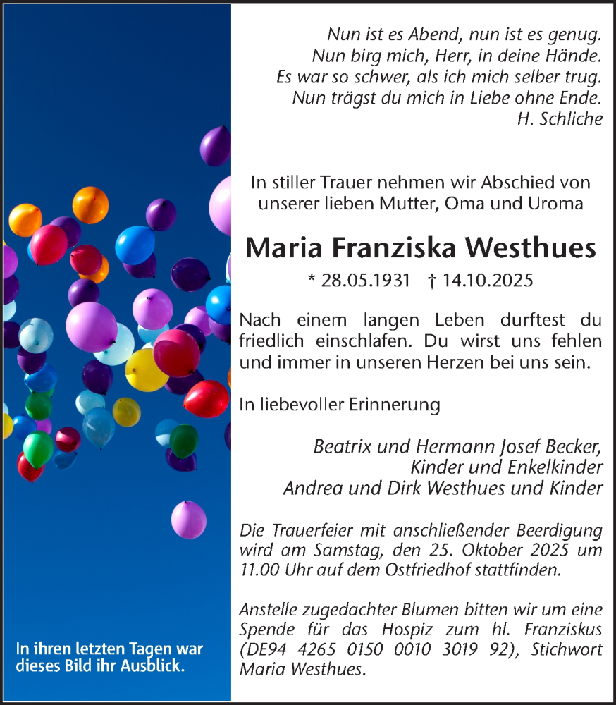  Traueranzeige für Maria Franziska Westhues vom 22.10.2025 aus Trauer Vest