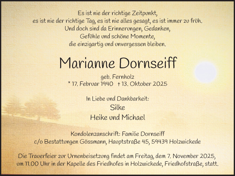  Traueranzeige für Marianne Dornseiff vom 25.10.2025 aus Hellweger Anzeiger