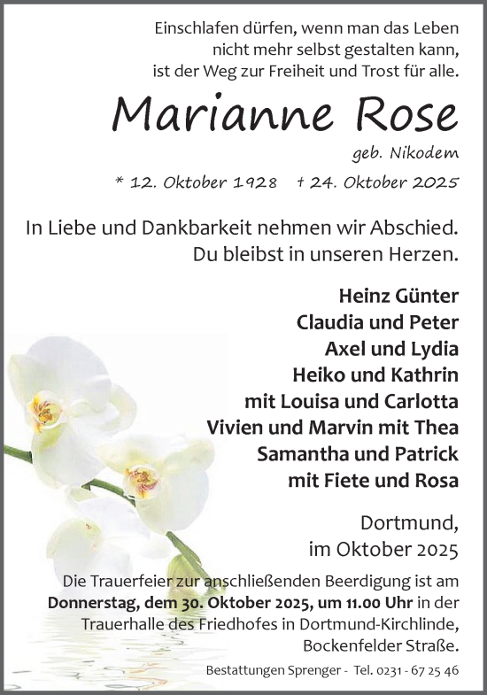 Traueranzeige von Marianne Rose von Ruhr Nachrichten