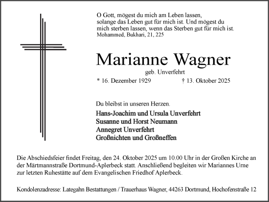 Traueranzeige von Marianne Wagner von Ruhr Nachrichten