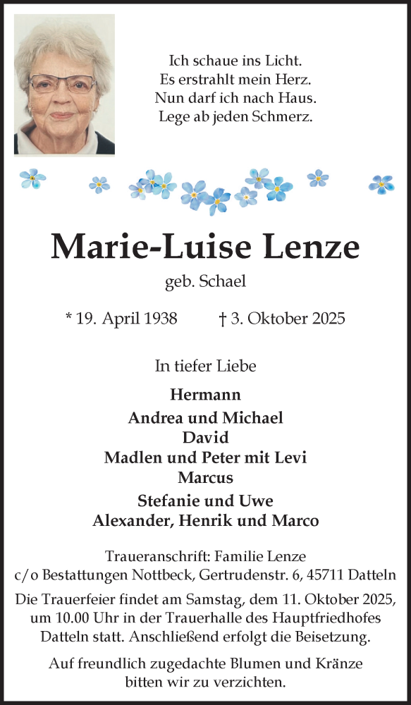  Traueranzeige für Marie-Luise Lenze vom 08.10.2025 aus Trauer Vest