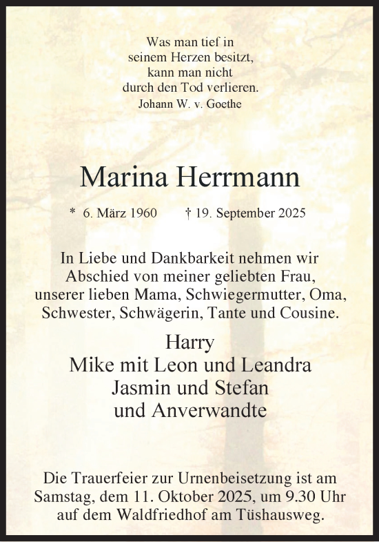 Traueranzeige von Marina Herrmann von Ruhr Nachrichten und Dorstener Zeitung