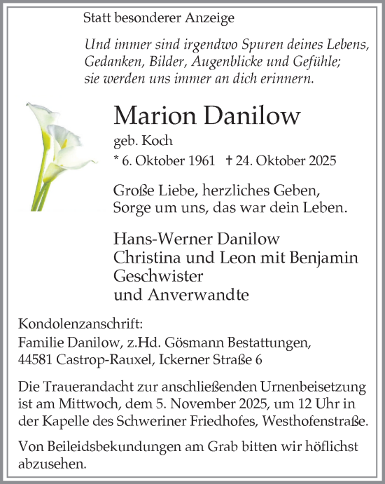 Traueranzeige von Marion Danilow von Stadtanzeiger Castrop-Rauxel