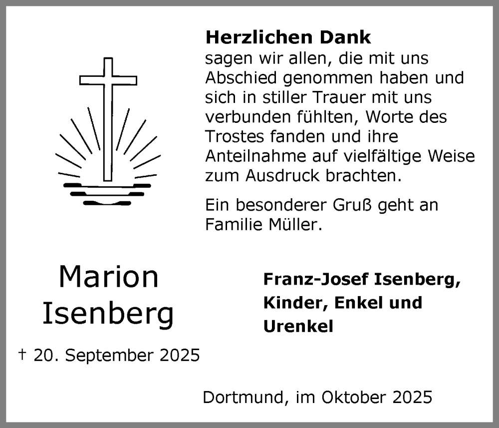  Traueranzeige für Marion Isenberg vom 25.10.2025 aus Ruhr Nachrichten