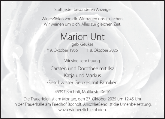 Traueranzeige von Marion Unt 