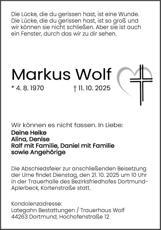 Traueranzeige von Markus Wolf von Ruhr Nachrichten