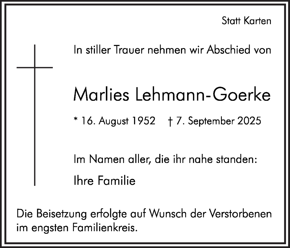  Traueranzeige für Marlies Lehmann-Goerke vom 04.10.2025 aus Hellweger Anzeiger