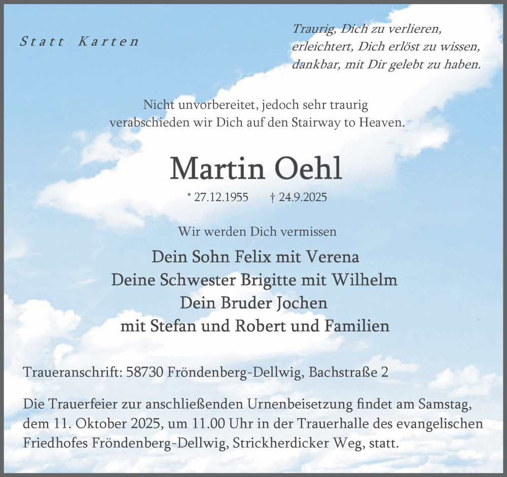  Traueranzeige für Martin Oehl vom 04.10.2025 aus Hellweger Anzeiger