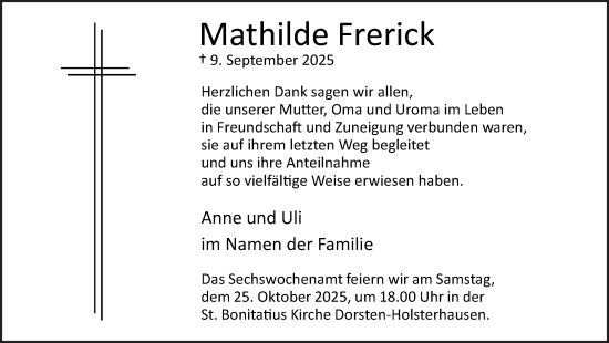Traueranzeige von Mathilde Frerick von Ruhr Nachrichten und Dorstener Zeitung
