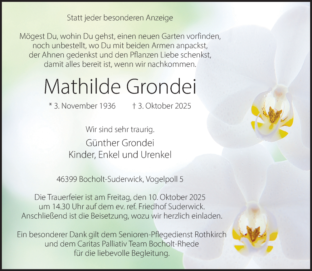  Traueranzeige für Mathilde Grondei vom 07.10.2025 aus 