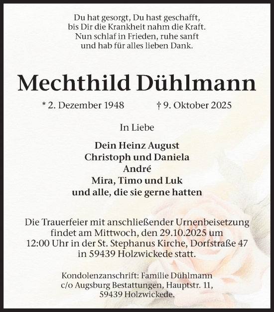 Traueranzeige von Mechthild Dühlmann von Hellweger Anzeiger
