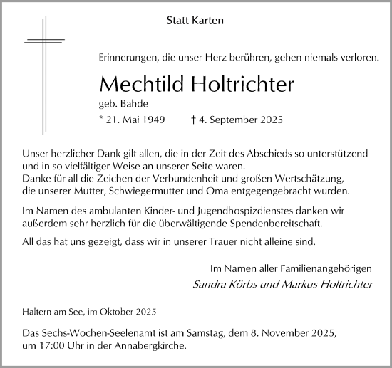 Traueranzeige von Mechtild Holtrichter von Ruhr Nachrichten und Halterner Zeitung, Ruhr Nachrichten und Dorstener Zeitung