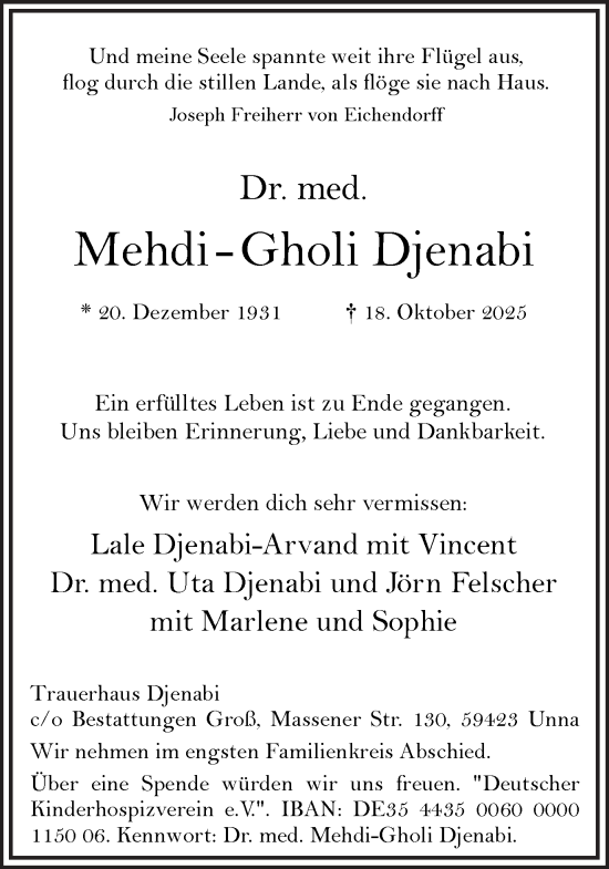 Traueranzeige von Mehdi-Gholi Djenabi von Hellweger Anzeiger