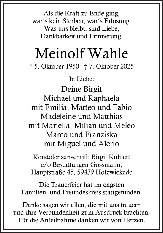 Traueranzeige von Meinolf Wahle von Ruhr Nachrichten