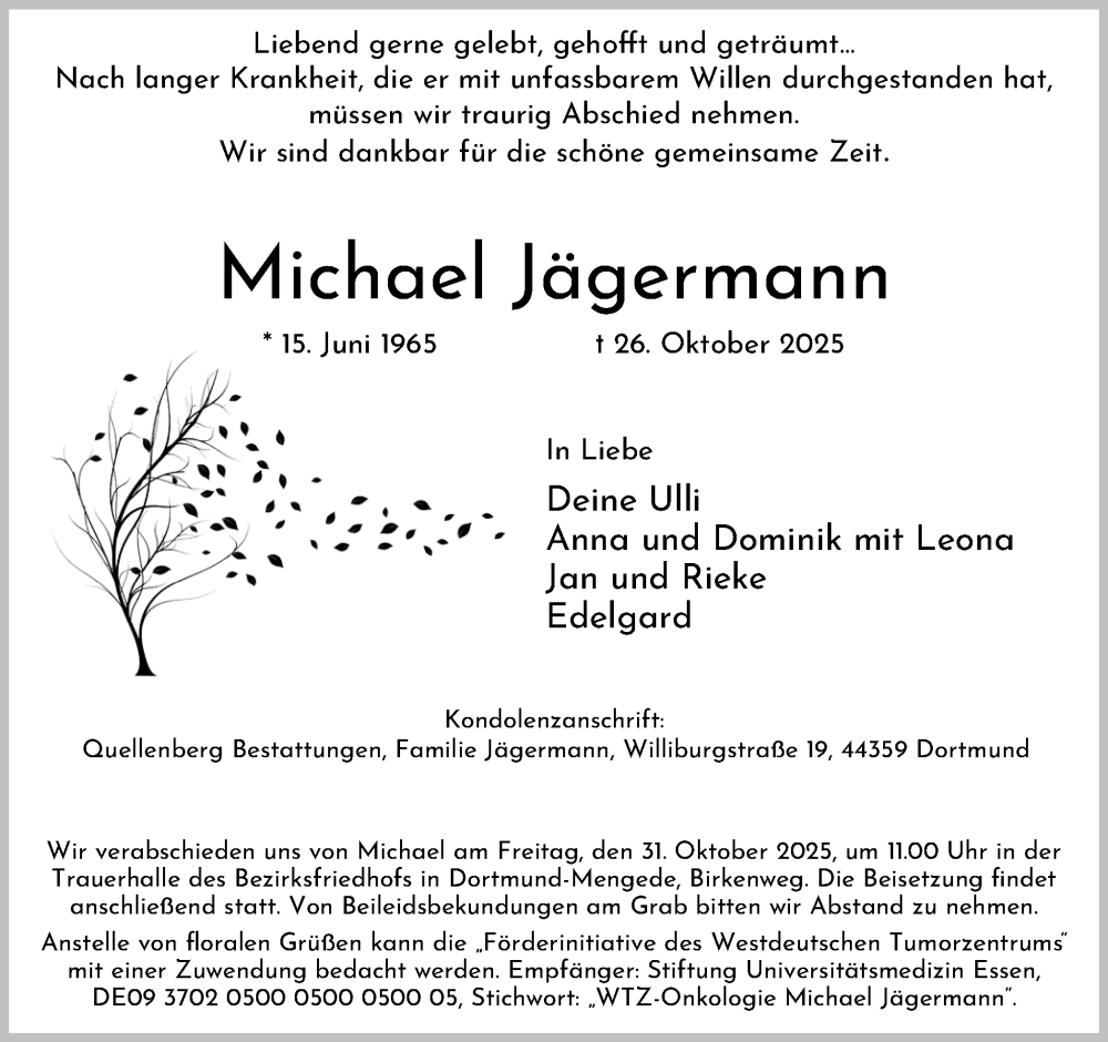  Traueranzeige für Michael Jägermann vom 29.10.2025 aus Ruhr Nachrichten