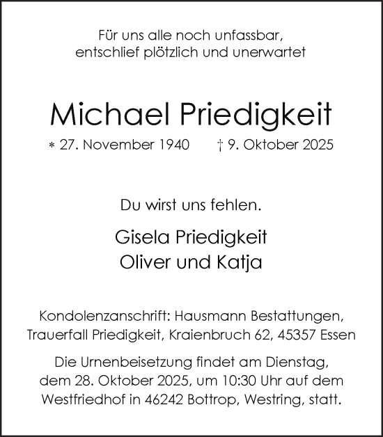 Traueranzeige von Michael Priedigkeit von Ruhr Nachrichten und Dorstener Zeitung