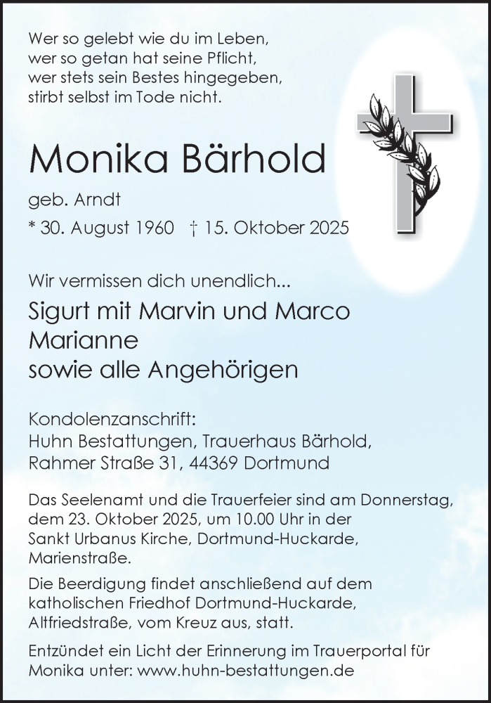  Traueranzeige für Monika Bärhold vom 18.10.2025 aus Ruhr Nachrichten