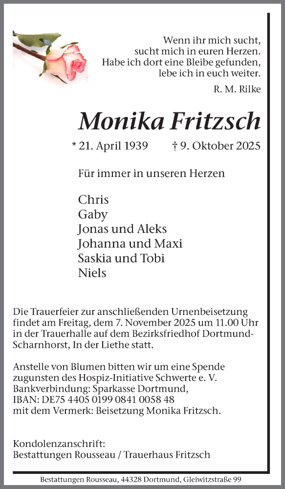  Traueranzeige für Monika Fritzsch vom 18.10.2025 aus Ruhr Nachrichten