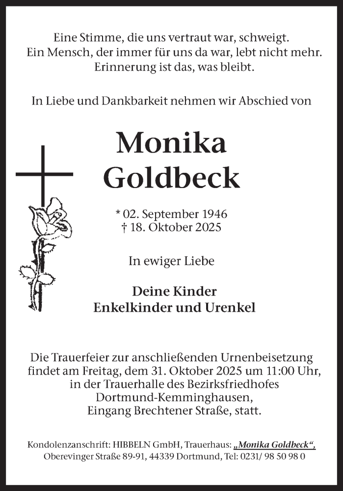  Traueranzeige für Monika Goldbeck vom 25.10.2025 aus Ruhr Nachrichten