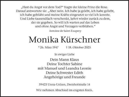 Traueranzeige von Monika Kürschner von Hellweger Anzeiger