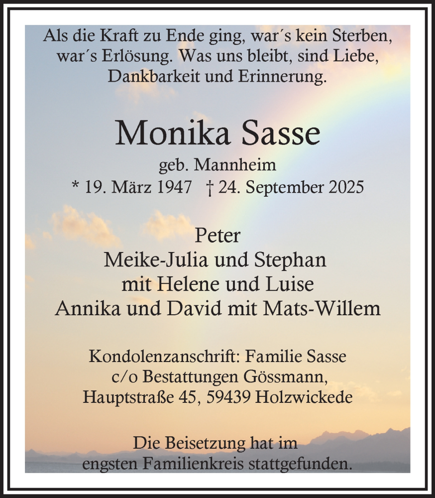  Traueranzeige für Monika Sasse vom 04.10.2025 aus Hellweger Anzeiger