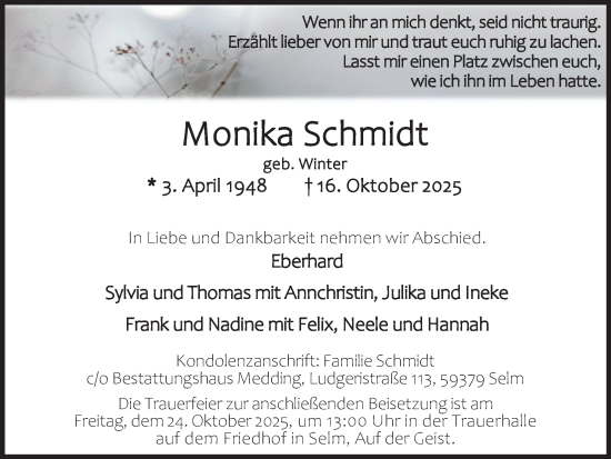 Traueranzeige von Monika Schmidt von Ruhr Nachrichten