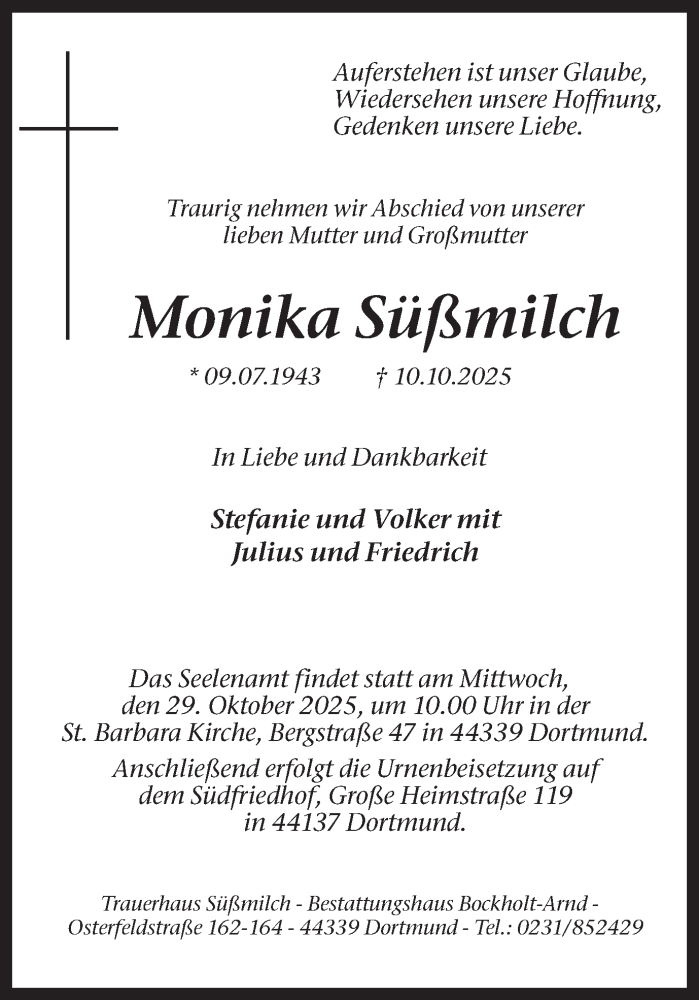  Traueranzeige für Monika Süßmilch vom 25.10.2025 aus Ruhr Nachrichten
