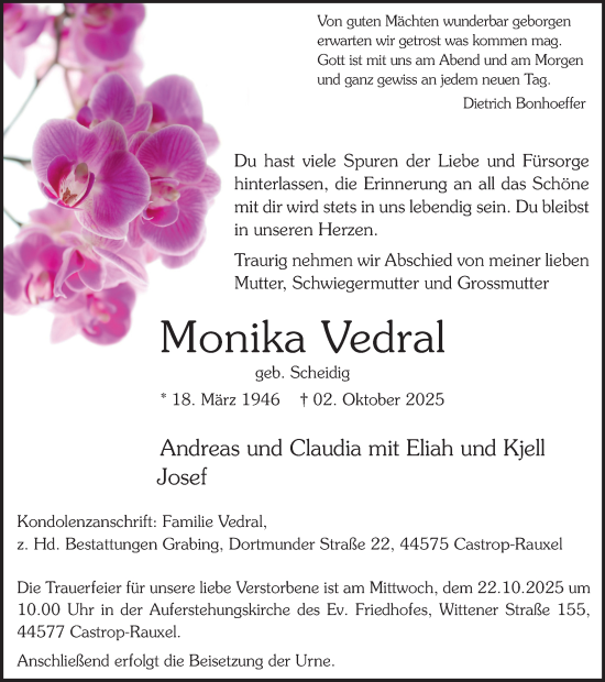 Traueranzeige von Monika Vedral von Stadtanzeiger Castrop-Rauxel