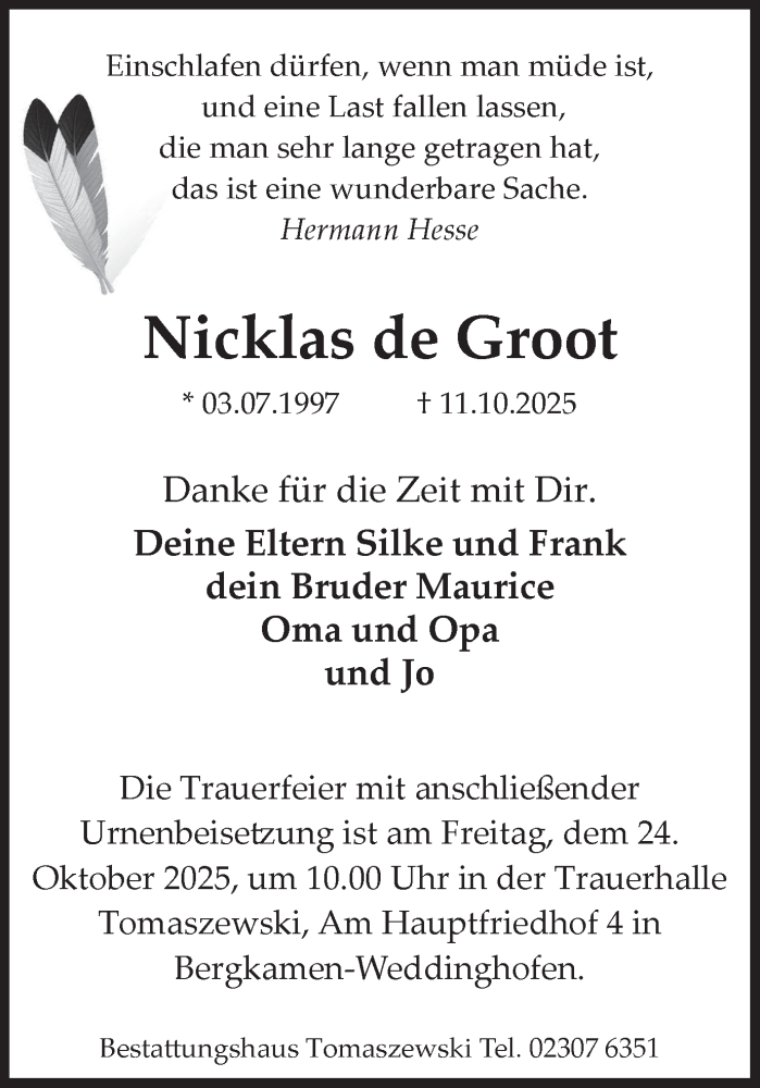  Traueranzeige für Nicklas de Groot vom 18.10.2025 aus Hellweger Anzeiger