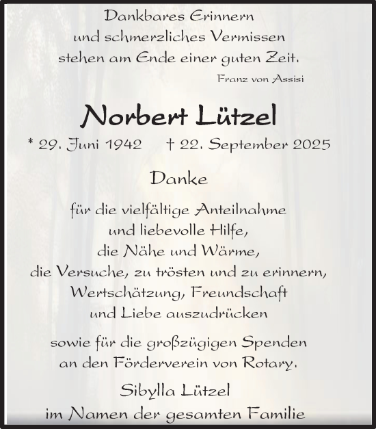 Traueranzeige von Norbert Lützel von Trauer Vest