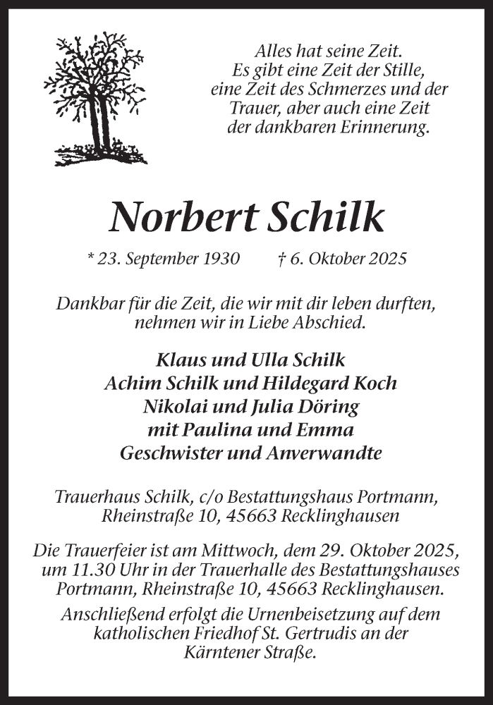  Traueranzeige für Norbert Schilk vom 25.10.2025 aus Trauer Vest
