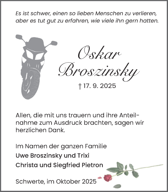 Traueranzeige von Oskar Broszinsky von Ruhr Nachrichten