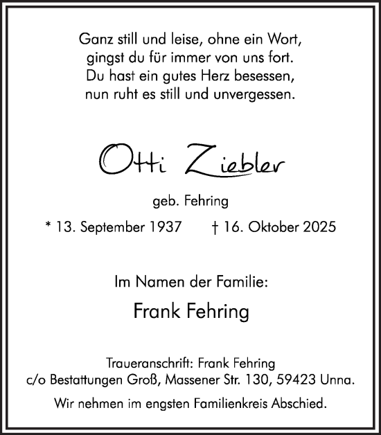 Traueranzeige von Otti Ziebler von Hellweger Anzeiger