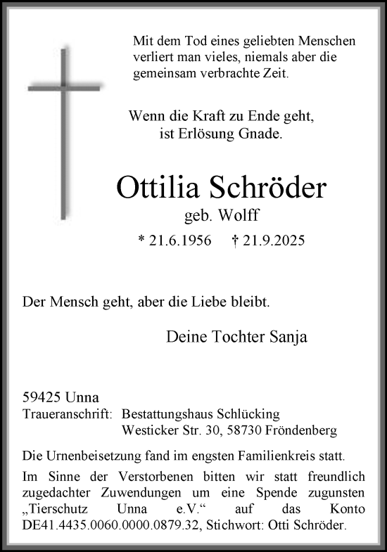 Traueranzeige von Ottilia Schröder von Hellweger Anzeiger