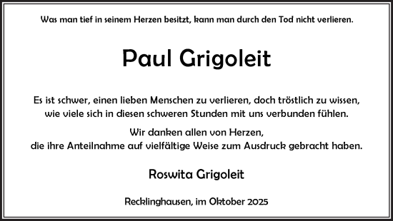 Traueranzeige von Paul Grigoleit von Trauer Vest