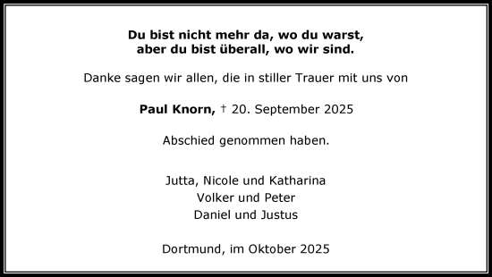 Traueranzeige von Paul Knorn von Ruhr Nachrichten