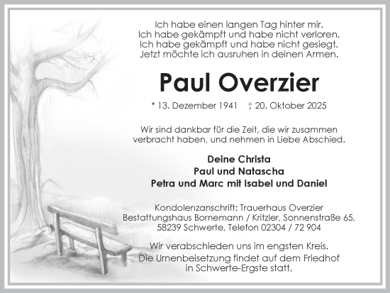 Traueranzeige von Paul Overzier von Ruhr Nachrichten