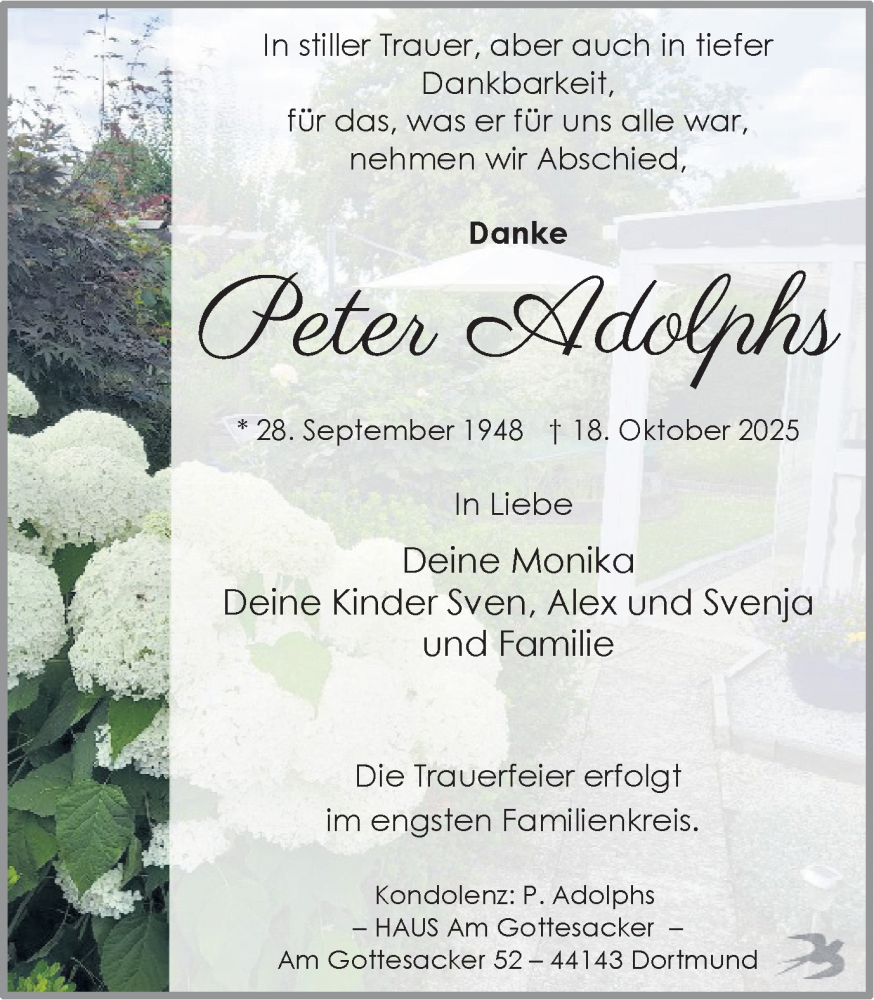  Traueranzeige für Peter Adolphs vom 25.10.2025 aus Ruhr Nachrichten