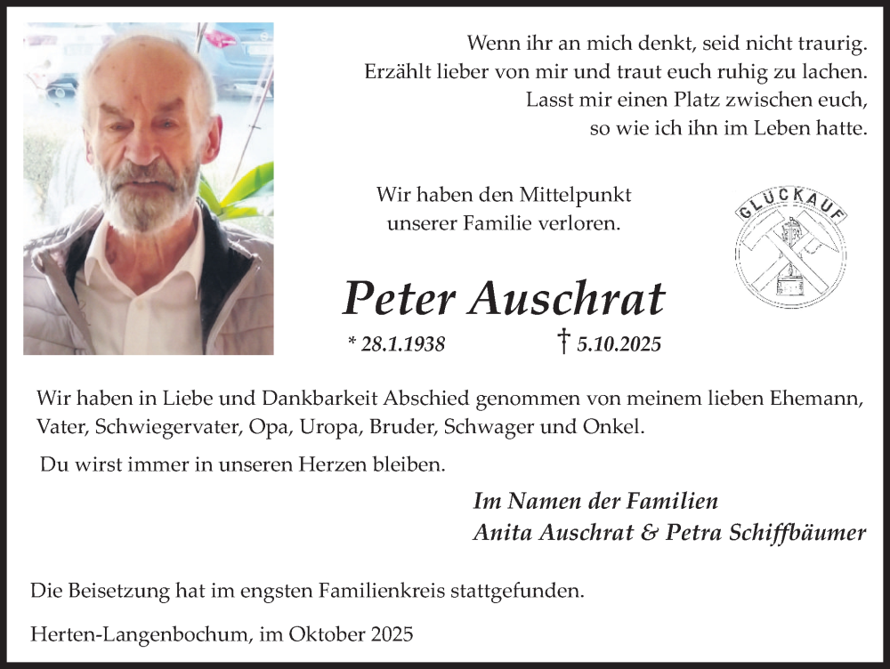  Traueranzeige für Peter Auschrat vom 29.10.2025 aus Trauer Vest