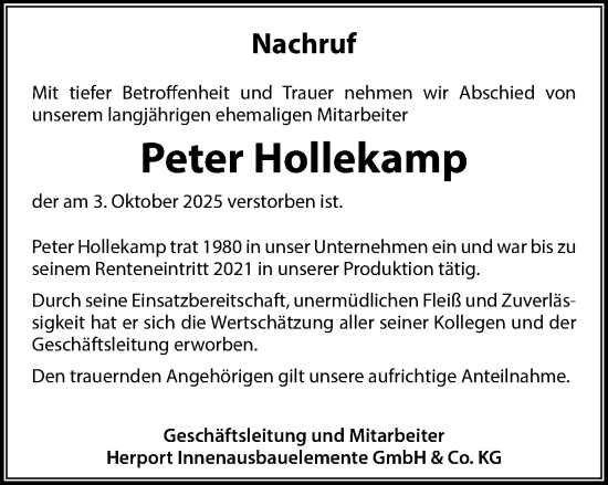 Traueranzeige von Peter Hollekamp von Hellweger Anzeiger