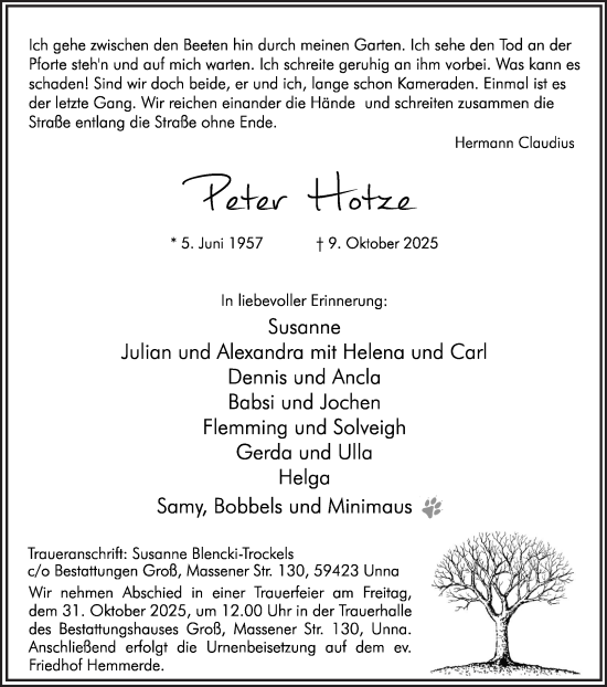 Traueranzeige von Peter Hotze von Hellweger Anzeiger